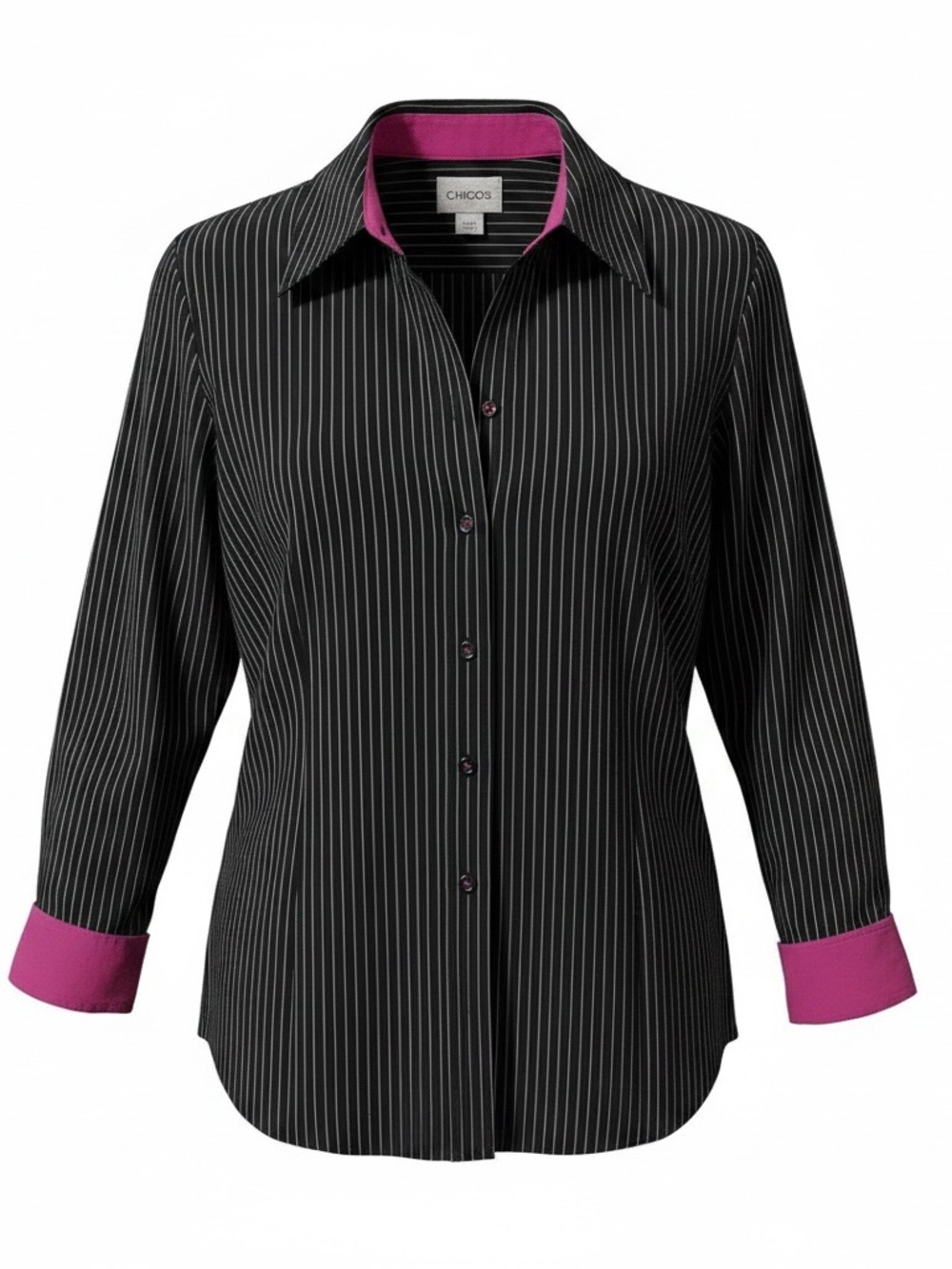 Chico's Button-Up Shirt Womens Size M Black White Pinstripe Pink Accent LS